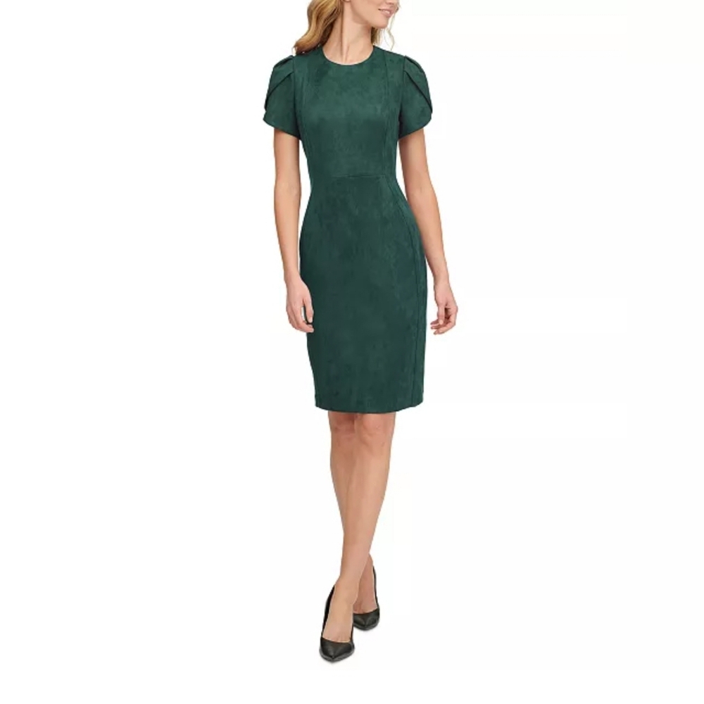 Calvin KleinScuba-Crepe Faux-Suede Tulip-Sleeve Sheath Dress Sz 10